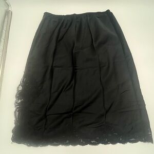 Vintage Black Slip Skirt Union made USA w/ lace hem slit knee length M/L sexy